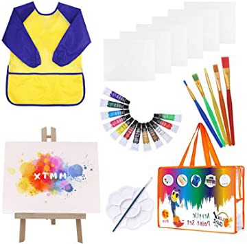 MMTX Kit Pinturas para Niños con Caballete Pintura, Acuarelas Niños de 12 Colores Pinturas Acuarelas, Pinceles Pintura, Lienzos Pintar, Paleta, Impermeable Delantal Niño e Maletin