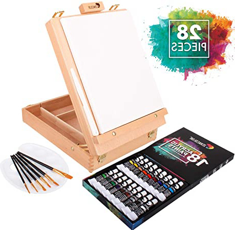 Maletin de Pinturas Acrilicas para Artista con Caja Caballete Pintura de Madera, 18 Tubos de Pintura Acrilica, 6 Pinceles Pintura - Lienzo para Pintar 24x30cm, Espátula y Paleta Pintura