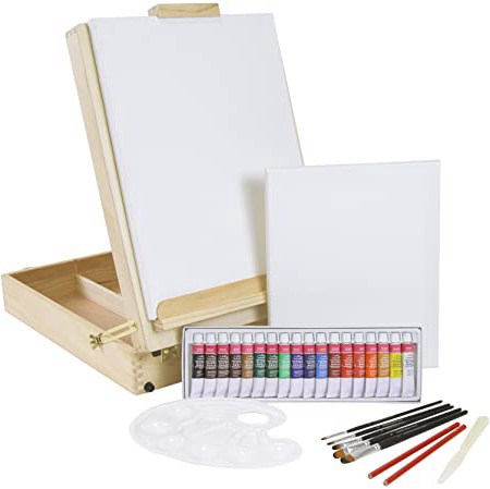 Caballete para mesa XL + Juego de pintura «Riva» de 30 piezas con pinturas acrílicas, pinceles y 2 lienzos, versión grande para cuadros de hasta 70 cm, maletín con compartimentos y caballete incorporado