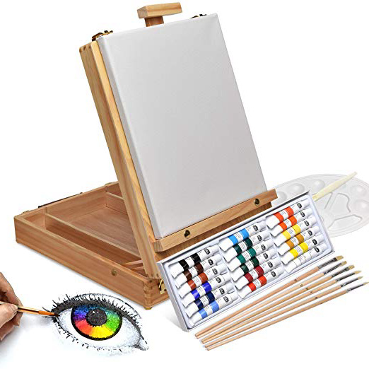Artina Florenz set de pintura de 28 piezas caballete maletín de mesa para profis y aficionados 18 colores acrílicos, lienzo, 6 pinceles y paleta