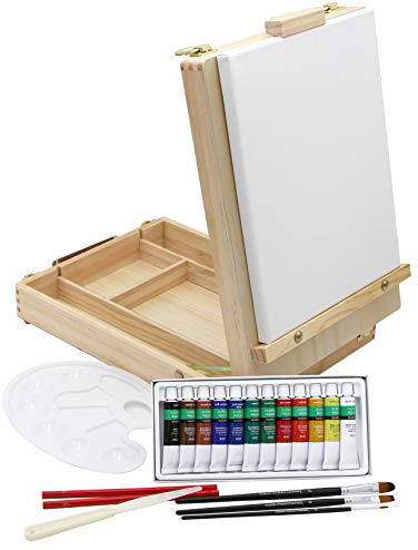 Caballete de mesa + set de pintura, 12 colores acrílicos, set de pinceles + bastidor - 20 piezas, maletín para utensilios y para caballete