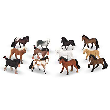 Melissa & Doug Juego de caballos Amigos de los pastizales (12 caballos coleccionables, con cajón de madera con forma de establo)