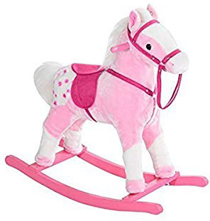 HOMCOM Caballito Balancín Bebé Balancín Peluche Caballo Madera para Niños +3 Años con Sonidos 74x28x65cm Caballito Balancin de Peluche Niños 3 años Juguete Caballo Mecedora Madera Rosa