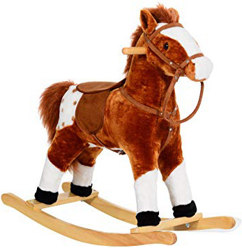 HOMCOM Caballito Balancín Bebé Balancín Peluche Caballo Madera para Niños +3 Años con Sonidos 74x28x65cm