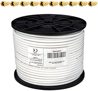PremiumX - 100m cable coaxial SAT cable de antena cable coaxial 130dB, 4 veces blindado para sistemas DVB-S / S2 DVB-C y DVB-T BK + 10 conectores F chapados en oro SET gratis