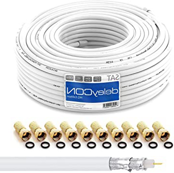 deleyCON HQ 30m Cable Coaxial Sat 130dB Blindado de 4 Capas DVB-S+S2 DVB-T DVB-C Cable de Banda Ancha 4K 1080p Full HD HDTV 10 Conectores F Dorados