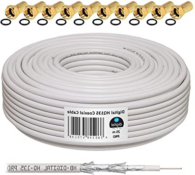HB-Digital - Cable coaxial para DVB-S, S2 DVB-C y DVB-T(130 dB, HQ-135, Pro, apantallamiento cuádruple, BK, 10 Conectores F Dorados) 25 m