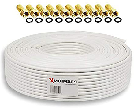 25m PremiumX Basic Cable coaxial 135 dB Cable coaxial satelital de Cobre y Acero blindado de 4 vías Cable de Antena Cable de TV Digital Sat + 10 x F-Conector SIN Cargo