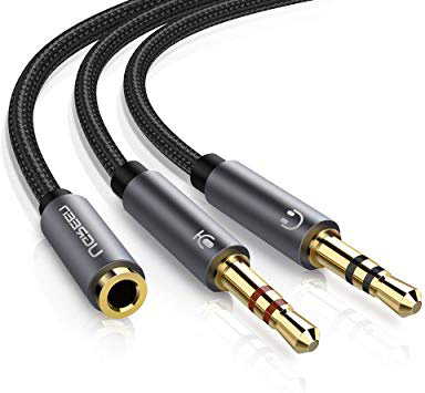 UGREEN Cable de Divisor de 2 Clavijas de Auricular/Micrófono Separadas 3.5mm Macho a Mic y Audio 3.5mm Hembra para Auriculares, Carcasa de Aluminio, Chapado en Oro (Negro)