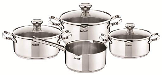 Tefal Duetto A705A834 Batería compuesta por: cazo de 16 cm, cacerolas de 16/20/24 cm y 3 tapas de cristal con función escurridor, acero inoxidable, set de 4 piezas