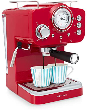 IKOHS THERA Retro - Cafetera Express para Espresso y Cappucino, 1100W, 15 Bares, Vaporizador Orientable, Capacidad 1.25l, Café Molido y Monodosis, con Doble Salida (Rojo)