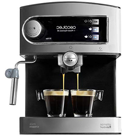 Cecotec Power Espresso 20 Cafetera Presión 20 Bares, Depósito de 1,5L, Brazo Doble Salida, Vaporizador, Superficie Calientatazas, Acabados en Acero Inoxidable, 850W, Negro/Plata