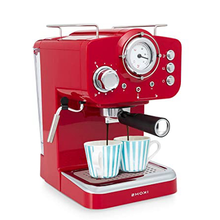IKOHS THERA Retro - Cafetera Express para Espresso y Cappucino, 1100W, 15 Bares, Vaporizador Orientable, Capacidad 1.25l, Café Molido y Monodosis, con Doble Salida (Rojo)