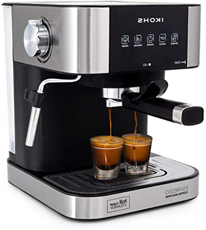 IKOHS Cafetera Expresso Automática TAZZIA - Cafetera Espress para Espresso y Cappuccino, 20 Bares, 1100 W, 1,5 litros, Vaporizador Orientable, Doble Salida, Regulador de Presión (Gris - TAZZIA Aroma)