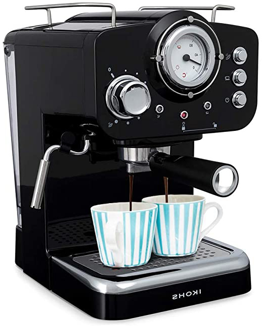 IKOHS THERA Retro - Cafetera Express para Espresso y Cappucino, 1100W, 15 Bares, Vaporizador Orientable, capacidad 1.25l, Café Molido y Monodosis, Con Doble Salida (Negro)