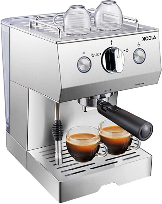 AICOK Cafetera Espresso, 1140W, Depósito extraíble de 1,5 l, 20 Bares, Doble opción de preparación de café: Sistema tradicional de café molido, Boquilla de Espuma de Leche Profesional