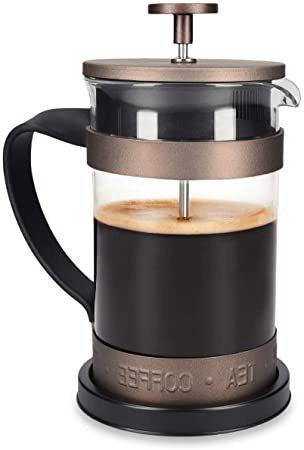 Navaris Cafetera Francesa de Acero Inoxidable de 600ML - Cafetera de émbolo para 5 Tazas, con Jarra de Vidrio y Filtro- Cafetera y Tetera marrón