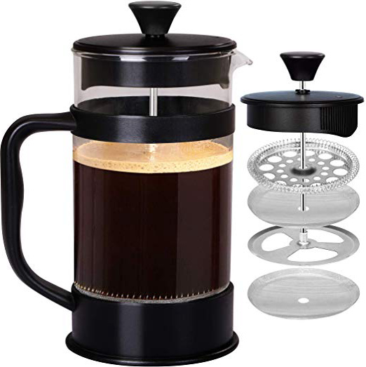 Utopia Kitchen - 8 tazas (1 litro / 1000 ml) Cafetera Francesa espresso y tetera con triple filtro émbolo de acero inoxidable - Negro