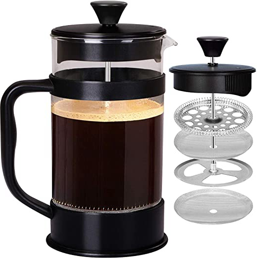 KICHLY - 8 tazas (1 litro / 1000 ml) Cafetera Francesa espresso y tetera con triple filtro émbolo de acero inoxidable - Negro