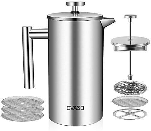 OZAVO Cafetera de Émbolo Individual Prensa Francesa Cafetera Acero Inoxidable con 3 Filtros Gratis Capacidad 1L- Color Plateado
