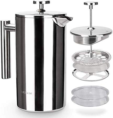 Secura Cafetera de Émbolo Individual Prensa Francesa Cafetera Acero Inoxidable con 2 Filtros Gratis, 1 Litro, Plateado