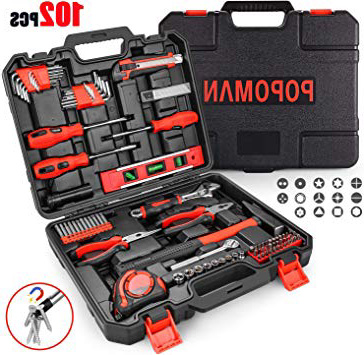 Maletín de Herramientas, POPOMAN 102 Caja Herramientas, Kit de Herramientas con Nivel Torpedo, Alicates, Llave, Destornillador, Martillo, Cinta Métrica-THTC01H