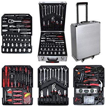Todeco - Caja de Herramientas, Kit de Herramientas Completo - Material: Acero carbono - Accesorios: Compartimiento 3:16xLlaves hexagonales, 21xDestornilladores, 4xJuegos de 12 boquillas, 1xProbador eléctrico100V-250V, 1xBoquilla magnética adaptador, 1xManómetro - 251 herramientas, con caja de aluminio y mango telescópico