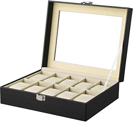 SONGMICS Caja de Relojes con 10 Compartimientos, Estuche de Madera para Relojes, Tapa de Vidrio, Almohadillas Extraíbles, Forro de Terciopelo, Cierre de Metal, Piel Sintética, Beige JWB010