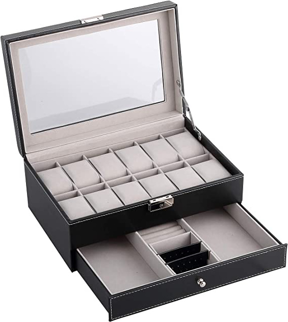 Caja para Relojes Estuche para Relojes y joyeros con 2 Capas 12 Compartimentos