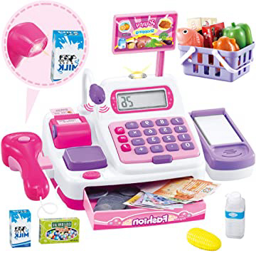 Buyger 34 Piezas Caja Maquina Registradora Juguete Electrónica Supermercado para Niña con Escáner Calculadora y Micrófono (Rosa)