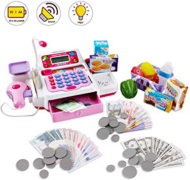 deAO Caja Registradora Electrónica de Juguete con Escáner, Micrófono, Cinta y Lector de Tarjetas Conjunto de Accesorios de Tienda y Supermercado Infantil Incluye Alimentos de Juguete (Rosa)