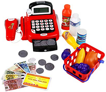 yoptote Caja Registradora Juguetes Supermercado Infantil Mercado Juguete Alimentos Juguetes Educación Calculo con Micrófono y Iluminar para Niño de 3 Años+ (Rojo)