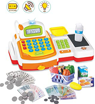 deAO Caja Registradora Electrónica de Juguete con Escáner, Micrófono, Cinta y Lector de Tarjetas Conjunto de Accesorios de Tienda y Supermercado Infantil Incluye Alimentos de Juguete (Amarilla)