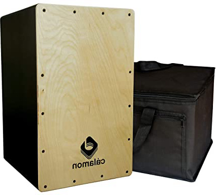 Cajon Flamenco Cálamon con Funda, negro y tapa de abedul. Caja flamenca para adultos.