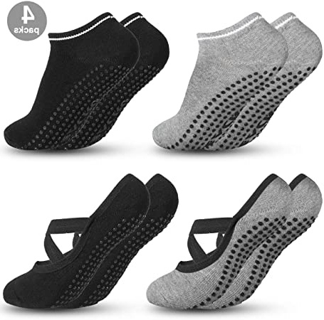 Zacro 4Pcs Calcetines-Yoga Antideslizantes de Mujeres Deportivos para Ejercicio Interior,Cómodo Pilates,Yoga,Fitness,etc (Negro y Gris)