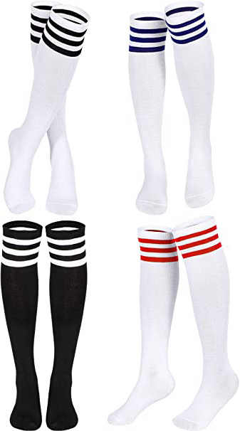SATINIOR Medias Hasta Rodilla conTres Rayas Calcetines de Tubo de Rodilla Alta Unisexo de Algodón de Tres (Rayas de Blanco en Franja Roja/Negra/Azul, Rayas de Negro en Blanca, 4)