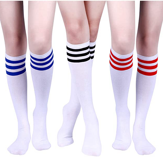 3 Pares de Calcetines a Rayas Triples Clásicos Calcetines Altos de Mulso Rodilla Calcetines de Tubo de Algodón Suave de Mujeres para Disfraz, 3 Colores