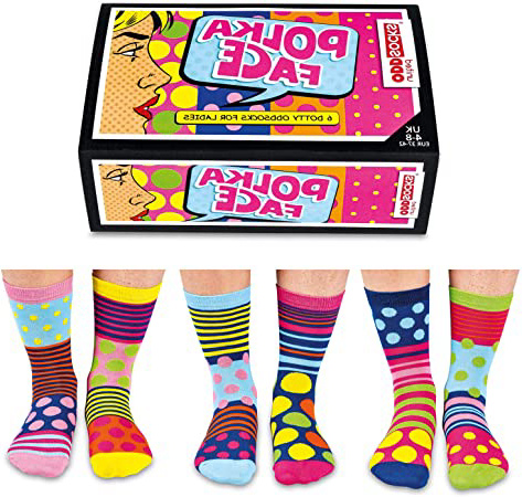 United Oddsocks - Caja De Regalo 6 x Calcetínes Coloridos (Polka Face) Para Mujeres EU 37-42