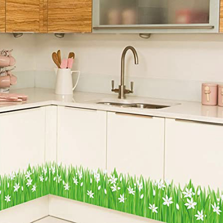 ufengke Pegatinas de Pared Hierba Verde y Flores Blancas Decorativo Extraíble DIY Vinilo Pared Calcomanías Haga un Mural de Aspecto Fresco en la Sala de Estar, Dormitorio, Baño, Zócalo