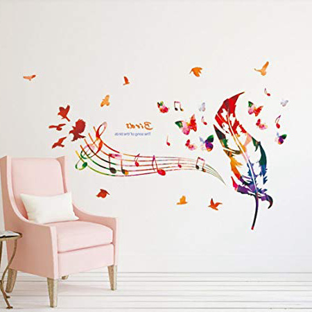 ufengke Notas Musicales en Colores Pegatinas de Pared con Plumas de Colores, Pájaros y Mariposas Decorativo Extraíble DIY Vinilo Pared Calcomanías Sala de Estar, Dormitorio Mural