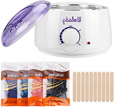 Calentador de Cera de la Aplicación Eléctrica Wolady Kit de Eliminación de Cera Caliente Depilatory Cera 500ml 4 Paquetes Granos de Cera 10 Palillos Madera Casero Spa Cara Brazos Axilas Piernas Bikini
