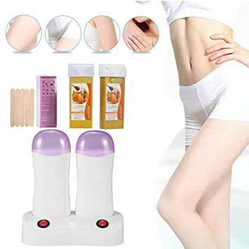 Depilacion cera caliente - Double Roll- calentador de cera depilatorio portátil + Cera caliente con miel + espátulas de madera + tiras de papel para encerar