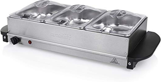 Tristar BP-6283 Servidor de buffet, Capacidad 3 x 2,4 l, Función Mantenimiento Calor y Placa Calientaplatos, Bandeja Alimentos Calientes con Tapas, Temperatura Ajustable, 200 W, Acero Inoxidable