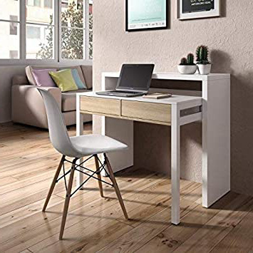 Habitdesign - Mesa Escritorio Extensible, Mesa Estudio Consola, Color Blanco y Roble Canadian, Medidas: 98,5x87,5x36-70 cm de Fondo