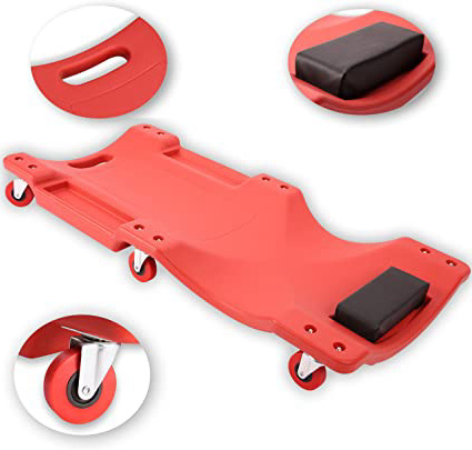 TRESKO® Camilla de montaje, Camilla para taller con 6 ruedas con capacidad de giro de 360°, plataforma con ruedas con 2 portaobjetos, acolchado, para trabajos mecánicos 92 x 43,5 x 10,5 (L x AN x A)