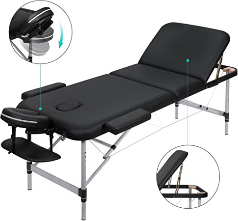 MARNUR Cama de Masaje Plegables 3 Secciones con Marco de Aluminio Altura Ajustable Camilla Masaje Portátil Con Reposacabezas Ergonómico para Masajes Spa Tatuando Cuidado Facial