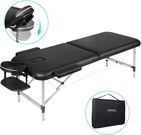 Naipo Mesa de Masaje Plegable de 2 Secciones Camilla Portátil y Profesional con Patas de Aluminio de Haya Alemán, Bolsa de Transporte, Reposacabezas y Apoyabrazos Desmontables Negro 213*90cm