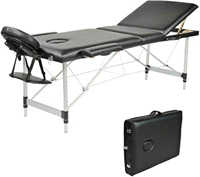 Wellhome Mesa de Masaje de 3 Secciones Aluminio Camilla Cama Portatil Plegable Ligera Camillas Masajes de Profesional Altura Ajustable con Reposacabezas, Apoyabrazos, Bolsa de transporte (Negro)