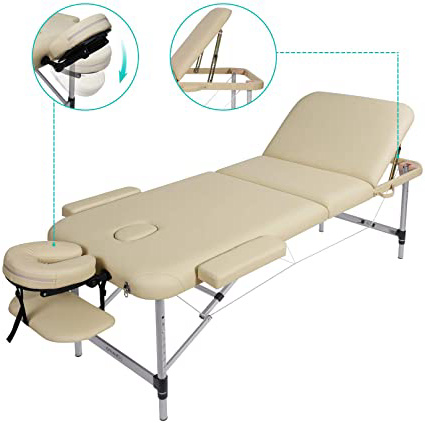 Naipo Camilla Masaje Plegable, Mesa Masaje Portatil, 3 Secciones, Altura Ajustable Patas de Aluminio, 5cm Espuma, Bolsa de Transporte, Beige (pesa 14.5 kg carga hasta 270kg)