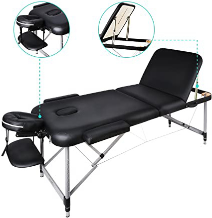 Naipo Mesa de Masaje Plegable anchos 70cm de 3 Secciones Camilla Portátil y Profesional con Patas de Aluminio Respaldo Regulable Bolsa de Transporte Negro